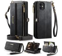 Yidai-Silu RFID Hülle für iPhone 11 Handyhülle Crossbody Geldbörse 9 Kartenfächer PU Leder Stoßschutz Etui Schutzhülle Reißverschlusstasche Ständer Wallet Case - Schwarz