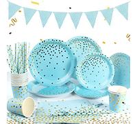 Yidaxing 122 Piezas Vajilla Desechable Oro Azul, Vajilla Desechable Lunares Dorados Para Fiestas, Platos Servilletas Mantel Para Cumpleaños, Navidad, Bodas, Aniversarios (24 invitados)
