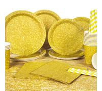 Yidaxing 81 Pcs Vajilla de Cumpleaños Oro Brillo, Platos de Fiesta Desechable Purpurina Dorados, Tazas Pajitas Servilletas Mantel para Fiestas Aniversario Bodas Navidad (16 Invitados)