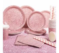 Yidaxing 81 Pcs Vajilla de Cumpleaños Oro Rosa Brillo, Platos de Fiesta Desechable Purpurina Rosa, Tazas Pajitas Servilletas Mantel para Fiestas Aniversario Bodas Navidad (Sirve 16)