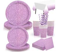 Yidaxing 81 Pcs Vajilla de Cumpleaños Púrpura Brillo, Platos de Fiesta Desechable Morado Brillante, Tazas Pajitas Servilletas Mantel para Fiesta Aniversario Boda Baby Shower Barbacoa(16 Invitados)