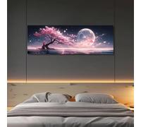 YIdhDCgj Cuadro decorativo extragrande del Árbol de la Vida: Paisaje con flores de cerezo y luz de luna. Impresión en lienzo con una serena escena natural (30 x 90 mm/marco interno).