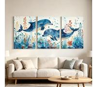 YIdhDCgj Lienzos con imágenes de delfines azules y vida marina, arte náutico de 3 paneles para decoración de paredes de dormitorio y baño (40x60cm x 3 / Marco interno)