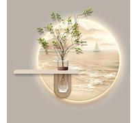 Yidlkecqey Decoración de Pared Redonda 3D de Piedra Arenisca con Luz LED, Cuadro de Decorativo, Escultura de Pared con Plantas Artificiales y Jarrón, Mural de Arte Pasillo(Type A,60x80cm/23.6x31.5in)