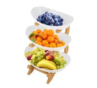 YIEMJS Soporte para servir de 3 niveles, frutero de bambú y polipropileno para alimentos, 3 bandejas (28/26/24,6 cm), ahorra espacio para frutas, aperitivos y bufé de fiestas