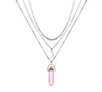 Yienate Collar de curación de cristal multicapa bohemio Gargantilla Cadena de plata Luna en capas Colgante de cristal rosa Collar Boho retro Joyería para mujeres y niñas