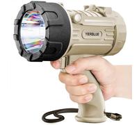 YIERBLUE Linterna de foco recargable con LED de 99.000 lúmenes, IP67 impermeable de larga duración, foco de mano resistente a los impactos con soporte plegable y lente roja