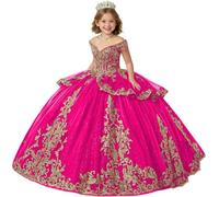Yifanier Vestidos de niña de Las Flores con Apliques Dorados y borlas Vestido de Desfile de niñas con Hombros Descubiertos Vestido de Fiesta para niñas