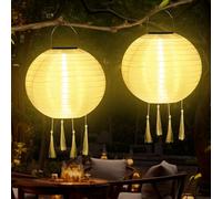 YIFMOO Farolillos solares, 2 farolillos solares de 25 cm para exteriores, resistentes a la intemperie, con 4 borlas, de nailon, para jardines, patios, balcones, decoración de bodas (blanco cálido)