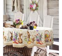 Yighty Mantel Ovalado de Pascua de 60 x 84 Pulgadas, Mantel de Acuarela de Huevo de Pascua con diseño Floral de Primavera y Conejo, Impermeable, Resistente a Las Arrugas, decoración de Vacaciones,