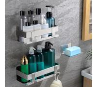 YIGII Estanteria Ducha Sin Taladro, 2 Piezas Estante Baño Adhesivo con 1 Jabonera y 4 Ganchos, Organizador Ducha de Acero Inoxidable para Baño y Cocina, Plateado