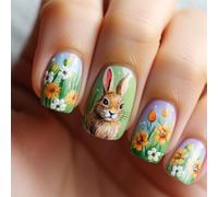 YIGZYCN 24 uñas postizas cuadradas cortas a presión con diseños de flores de primavera, cubiertas completas, uñas postizas acrílicas artificiales