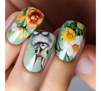 YIGZYCN 24 uñas postizas de flores verdes, uñas artificiales de conejo de Pascua, cubiertas completas, uñas adhesivas cortas cuadradas a presión