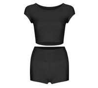 YIGZYCN Conjunto de 2 piezas de yoga para mujer, cuello redondo, parte superior corta de cintura alta, pantalones cortos con levantamiento de glúteos, color sólido