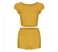 YIGZYCN Conjunto de 2 piezas de yoga para mujer, cuello redondo, parte superior corta de cintura alta, pantalones cortos con levantamiento de glúteos, color sólido