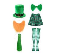 YIGZYCN Disfraz de barman para el día de San Patricio, disfraz de camarero irlandés, con sombrero, falda, corbata, barba, medias a rayas, disfraz del día de San Patricio