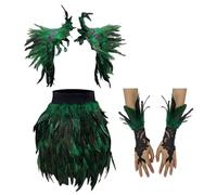 YIGZYCN Elegante conjunto de falda y guantes de hombro con plumas, accesorio de disfraz de moda para cosplay y reuniones temáticas para vestirse hasta el cuello, verde, S