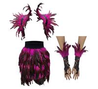 YIGZYCN Elegante conjunto de falda y guantes de hombro con plumas, accesorio de disfraz de moda para cosplay y reuniones temáticas para vestirse hasta el cuello, Rosa Roja, S