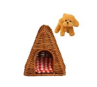 YIGZYCN Figura de ratán tejido de caseta y perro modelo 1/12, muebles de casa de muñecas, accesorios de paisaje para niños, creación de juegos de simulación, perrera en miniatura