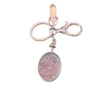 YIGZYCN Llavero ovalado versátil con marco de fotos de cristales de piedra natural para parejas y familia, llavero de boda, Cristal de fresa, Talla única