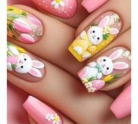 YIGZYCN Uñas postizas cuadradas a presión, diseños de Pascua, uñas acrílicas artificiales, 24 unidades