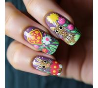 YIGZYCN Uñas postizas cuadradas a presión, diseños de Pascua, uñas acrílicas artificiales, 24 unidades