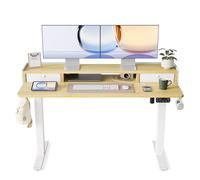 YIHAYO Escritorio Elevable Eléctrico con cajones y estantes para Monitor 140 x 60 cm, Standing Desk Mesa Escritorio Elevable con Ganchos, Stand Up Desk, Escritorio de Oficina en casa(Natural)