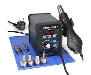 YIHUA 959D Estación de retrabajo de aire caliente para soldadura SMD, 3 canales de memoria con 4 boquillas de aire caliente, alfombrilla de trabajo de soldadura, pinzas seguras ESD(EU PLUG)