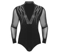 Yihuimin Body para hombre con cuello de pico, con botones de presión en la entrepierna brillante, traje de gimnasia de una pieza, camiseta latina, tango rumba, Negro , XL