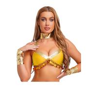 Yihuimin Camiseta de tirantes para mujer de danza del vientre metálica, camiseta y pulsera con flecos, disfraz de reina egipcia, Halloween, cosplay, carnaval, amarillo, talla 4XL