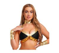 Yihuimin Camiseta de tirantes para mujer de danza del vientre metálica, camiseta y pulsera con flecos, disfraz de reina egipcia, Halloween, cosplay, carnaval, negro, M