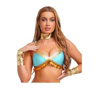 Yihuimin Camiseta de tirantes para mujer de danza del vientre metálica, camiseta y pulsera con flecos, disfraz de reina egipcia, Halloween, cosplay, carnaval, azul claro, M