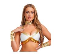 Yihuimin Camiseta de tirantes para mujer de danza del vientre metálica, camiseta y pulsera con flecos, disfraz de reina egipcia, Halloween, cosplay, carnaval, color blanco, M