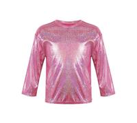 Yihuimin Camiseta para niña y niño, metálica, brillante, manga larga, top de baile, hip hop, brillante, traje moderno de jazz, danza, traje de baile de 1 a 18 años, rojo, rosa, 110-116