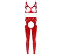 Yihuimin Conjunto de mujer de charol abierto sujetador pechos libres entrepierna abierta erótica polainas traje sxl, rojo, L