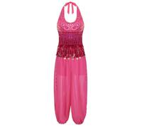 Yihuimin Disfraz de danza del vientre para mujer, con flecos, lentejuelas, pantalones harén sueltos, disfraz de danza árabe, disfraz de carnaval, rosa oscuro, talla única