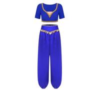 Yihuimin Disfraz de danza del vientre para mujer, disfraz de princesa árabe, manga corta, con pantalones harén, disfraz de carnaval, azul real, XL