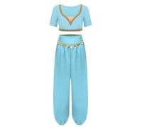 Yihuimin Disfraz de danza del vientre para mujer, disfraz de princesa árabe, manga corta, con pantalones harén, disfraz de carnaval, azul cielo, M