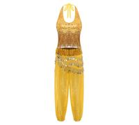 Yihuimin Disfraz de danza del vientre para mujer, traje de danza del vientre con lentejuelas, pantalones harén árabe, disfraz de princesa árabe, disfraz de Halloween, carnaval, ropa de club, dorado, M