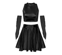 Yihuimin Disfraz de discoteca para mujer, disfraz de carnaval de los años 70, disfraz de extranjero, disfraz espacial, parte superior metálica, con falda y guantes, ropa de club, color negro, L