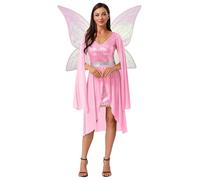 Yihuimin Disfraz de elfo para mujer, 2 piezas, vestido de hadas medieval, con alas de hadas, sin mangas, vestido de lentejuelas, cosplay, disfraz de carnaval, ropa de club, color rosa, M