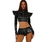 Yihuimin Disfraz de extranjero para mujer, vestido de niña espacial, parte superior metálica, minifalda cosplay, set de festival, disfraz de carnaval, ropa de club, Xa, negro, 3XL