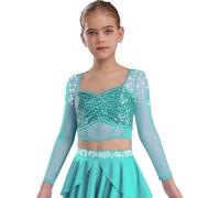Yihuimin Niña Niño Alta Gimnasia Baile Patinaje Artístico Alto Corto Lentejuelas Rhinestone Manga Larga Ropa de actuación Concurso, verde claro, 170
