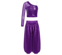Yihuimin Oriental Danza Del Vientre Niña Traje Un Hombro Lentejuelas Corto Alto Con Pantalones India Bailarina Disfraz, morado, 158-164
