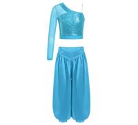 Yihuimin Oriental Danza Del Vientre Niña Traje Un Hombro Lentejuelas Corto Alto Con Pantalones India Bailarina Disfraz, azul claro, 170