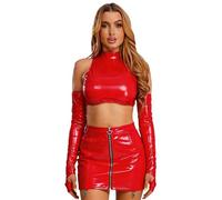 Yihuimin Top corto de piel para mujer con aspecto mojado, falda micro, falda de cadera, parte superior sin vientre, traje de corsé, rave, clubwear, discoteca, color rojo, XXL