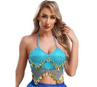 Yihuimin Top de danza del vientre para mujer, parte superior con lentejuelas, sin vientre, parte superior, cuello halter, sujetador, espalda descubierta, borla, camiseta de baile, azul claro, Talla
