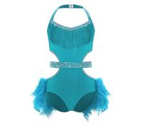 Yihuimin Vestido de baile latino niña sin mangas plumas traje de ballet con flecos patinaje artístico traje jazz chacha ropa de baile competiciones actuación escenario, turquesa, 134-140