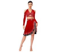 Yihuimin Vestido de mujer de baile latino con diamantes de imitación, conjunto de piezas de baile de salsa, traje de jazz, camiseta de patinaje artístico y falda asimétrica, rojo, L