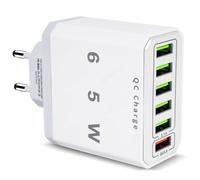 YIIFELL Cargador USB Múltiple, 65 W 6 Puertos Cargador Rápido USB con Cargador Rápido Inteligente QC 3.0, Cargador Adaptador de Red USBA Universal para 15 Pro Max 14 Plus 13 12 11 SE XR, iPad, Samsung